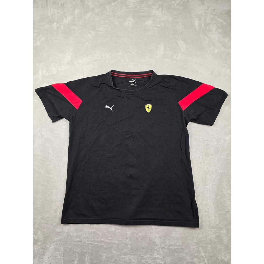 Puma Ferrari T-Shirt Mens L Black Red Scuderia Racing‎ Short Sleeve *Fits Short